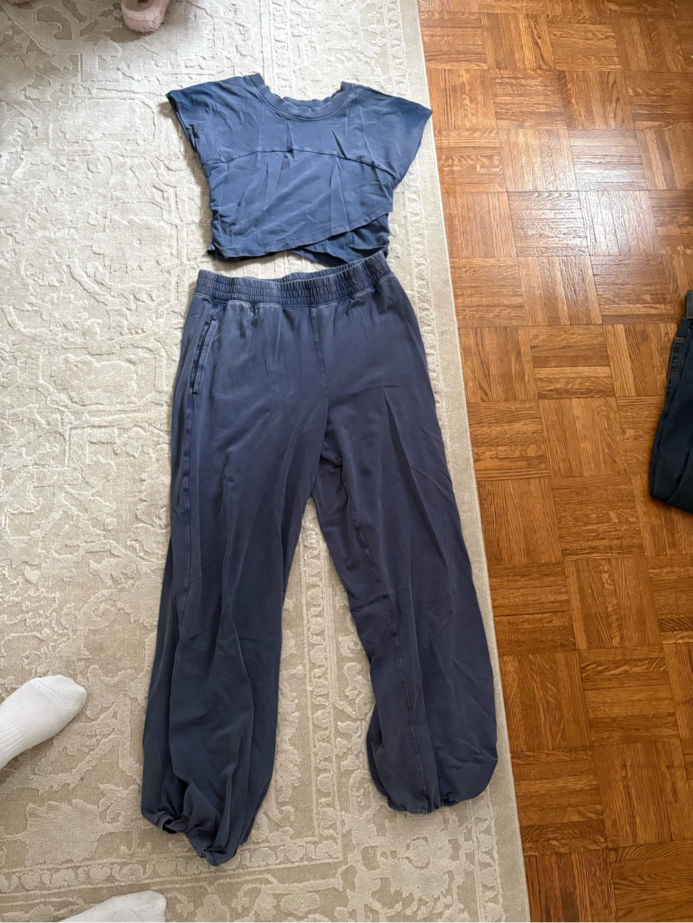Free People Hot Shot Crossover Set Slate Blue Cropped Tee & Wide Leg Pants